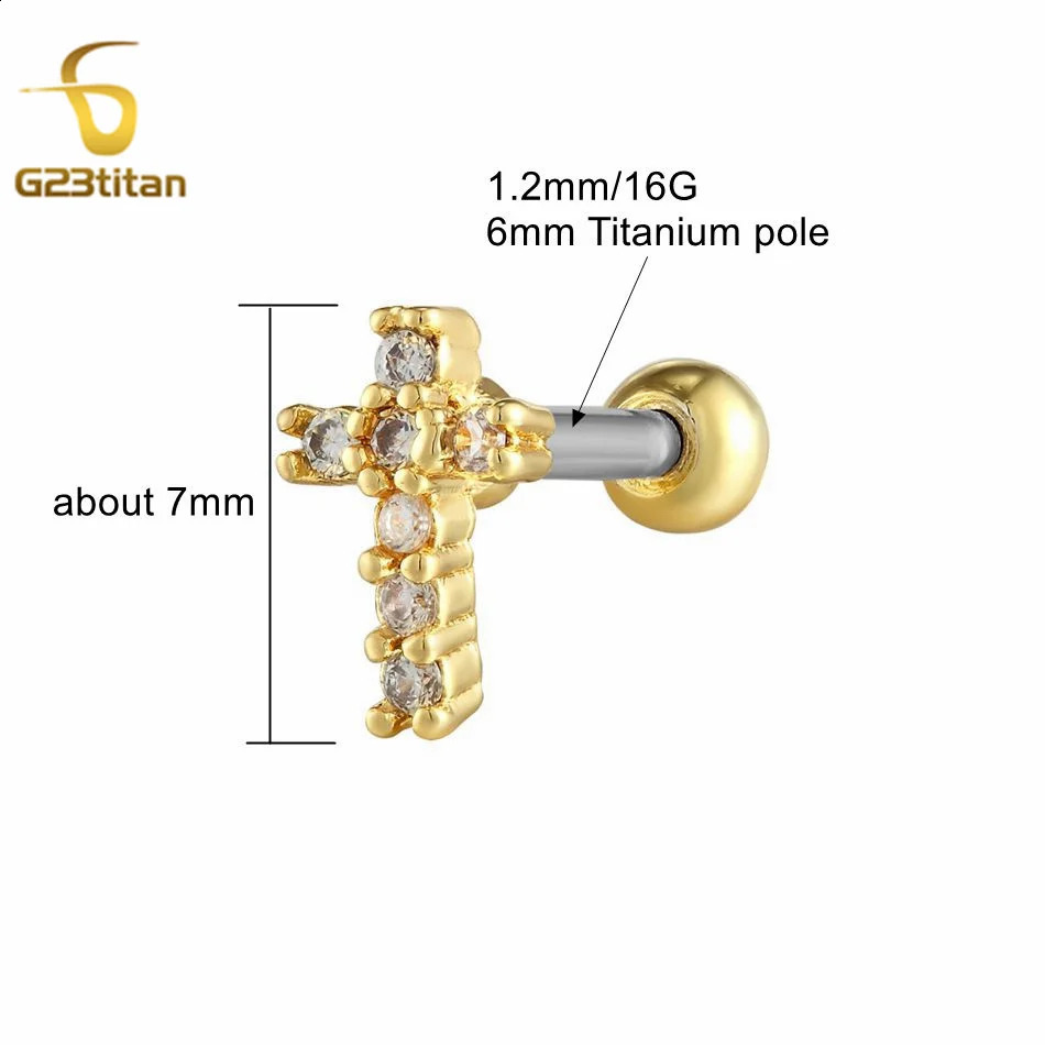 G23titan 1pc Shiny Zircon Gold Silver Color Studs Ear For Women Geometric Cross Earrings Cartilage Tragus Piercing Ear Jewelry 250521
