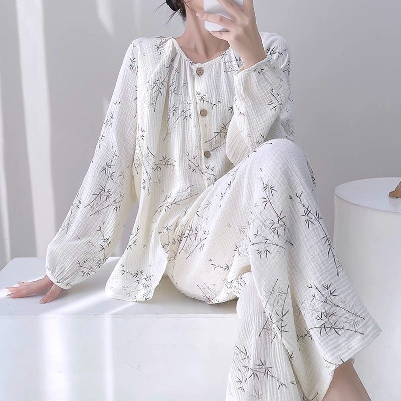 X179-New spring and summer women's cotton yarn Japanese pajamas double-layer gauze breathable casual home clothes suit nine points
