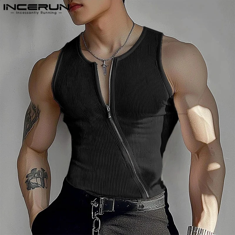 Men Tank Tops Solid Color Knitted Zipper Sleeveless Male Vests Summer Streetwear Skinny Fashion Men Clothing S-3XL INCERUN 250519CJ