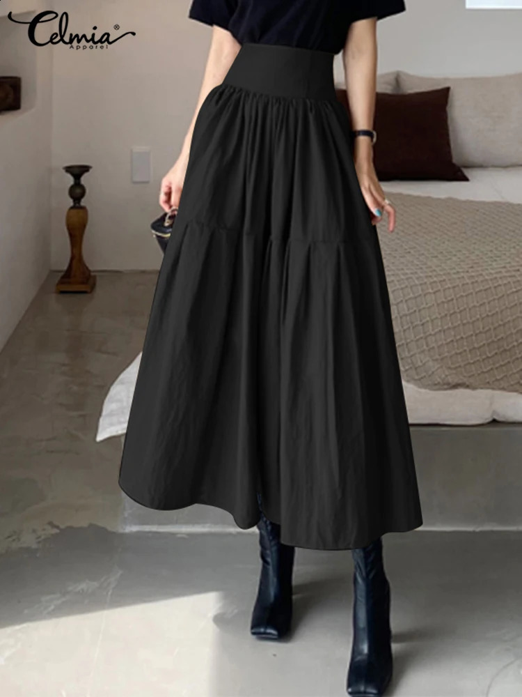 Celmia High Waist Swing Long Skirt Women Fashion Pleated Zipper Party Jupe Casual Loose Aline 2024 Vintage Beach 250513Z