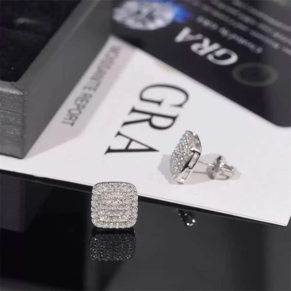 10mm Iced Out Moissanite Square Cluster Stud Earrings Screw Back 925 Sterling Silver Lab Diamond Halo Earrings Men Hiphop Rock