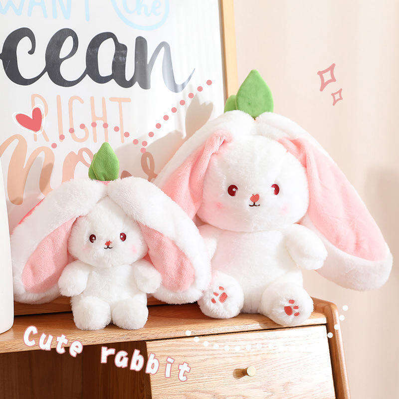 DHGadget 2-in-1 Reversible Bunny Strawberry Carrot Pillow Cute Long Ear Plush Toy Doll for Kids & Home Decor