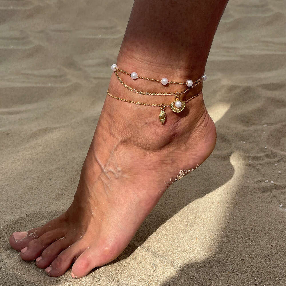 Layered Starfish Pearl Anklet Adjustable Beach Foot Jewelry with Metallic Seashell Charm Gold and White