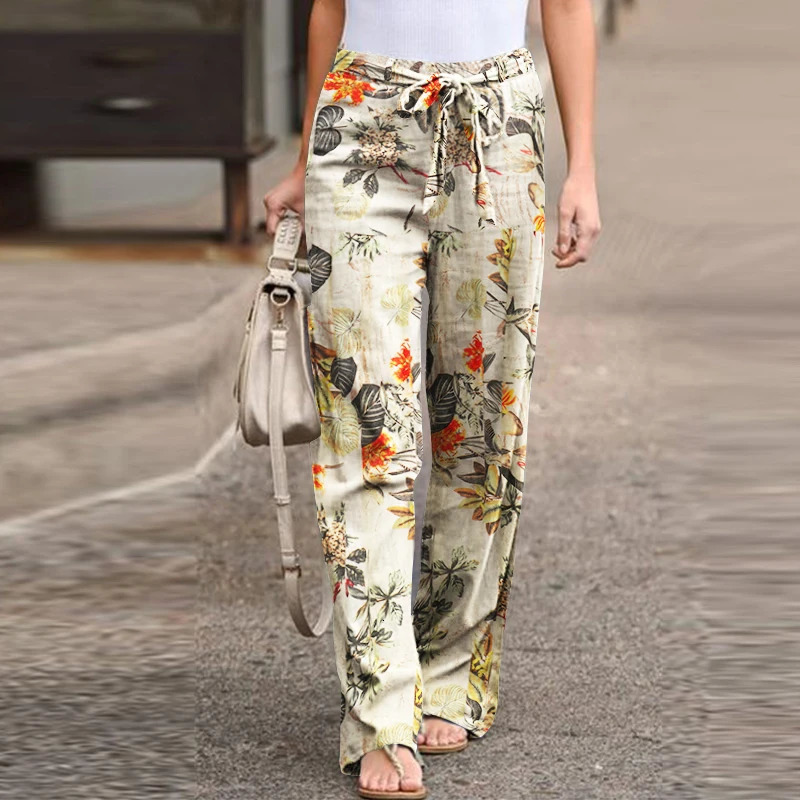 Vintage Women Drawstring Trousers Spring Autumn Fashion Floral Printed Wide Leg Pants Ladies Casual Loose Long Pantalones 250522Z