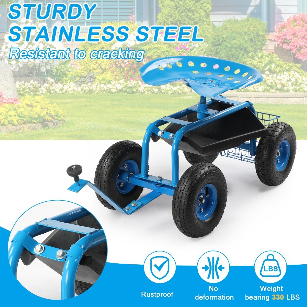 Rolling Garden Work Seat with Wheels, Gardening Stool for Planting, Garden Scooter with 360 Degree Swivel Seat , Steering Handle , Tool Tray, Blue