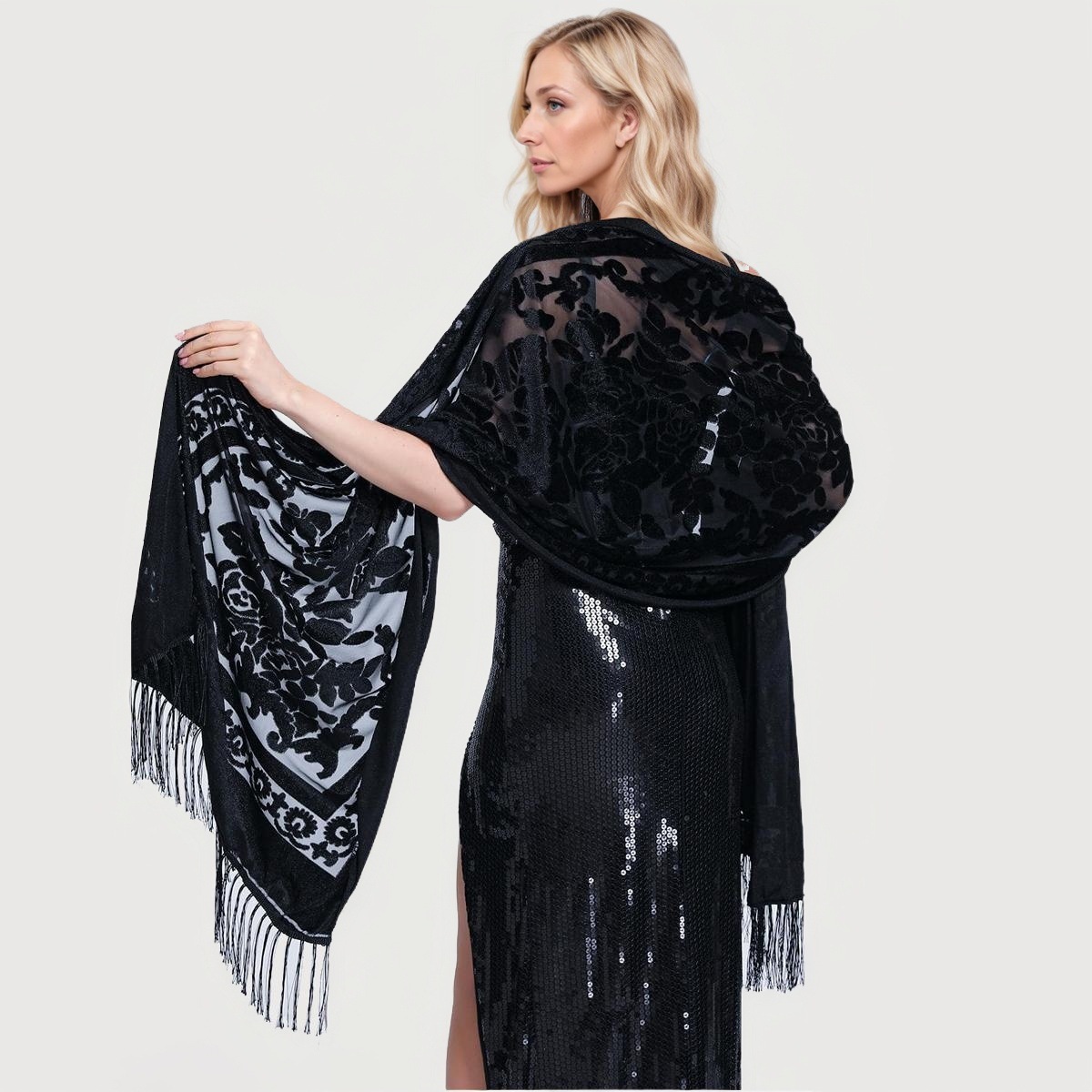 K794 New ethnic style elegant velvet cheongsam shawl versatile long tassel scarf warm air conditioning shawl