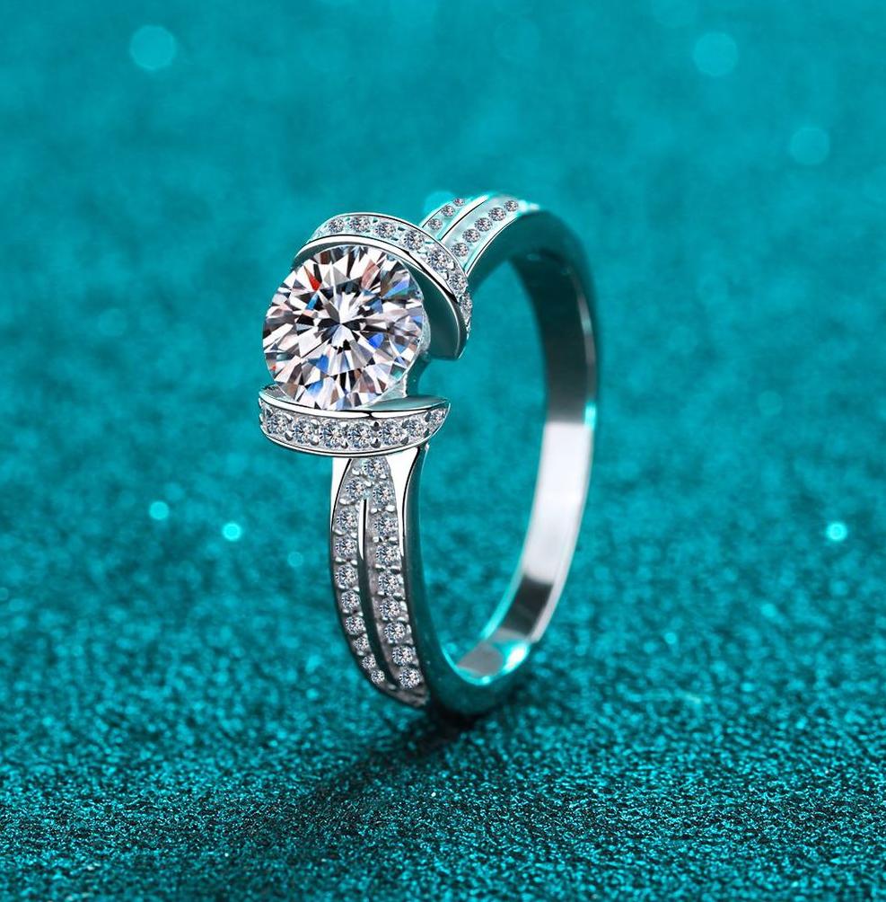 925 Sterling Silver Ring with Moissanite Center and Full Diamond Accent, Elegant Engagement Ring for Women