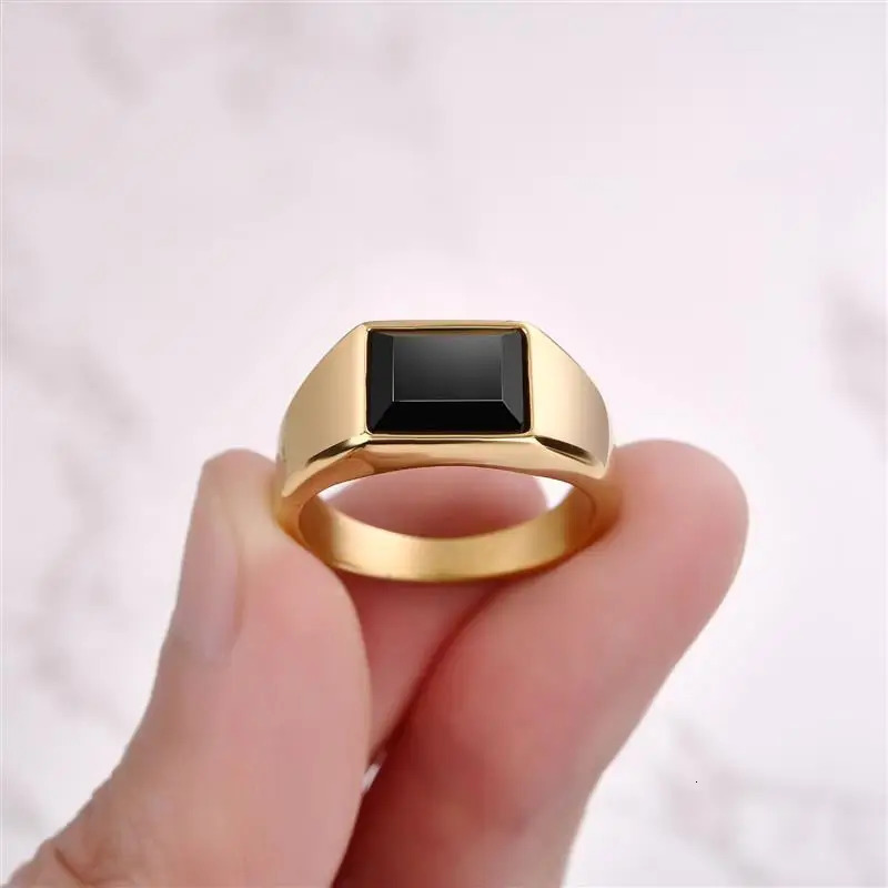 Trend Gold Color Geometric Black Stone Ring Stainless Steel Minimalist Fine Jewelry For Men Women Party Gift 250522