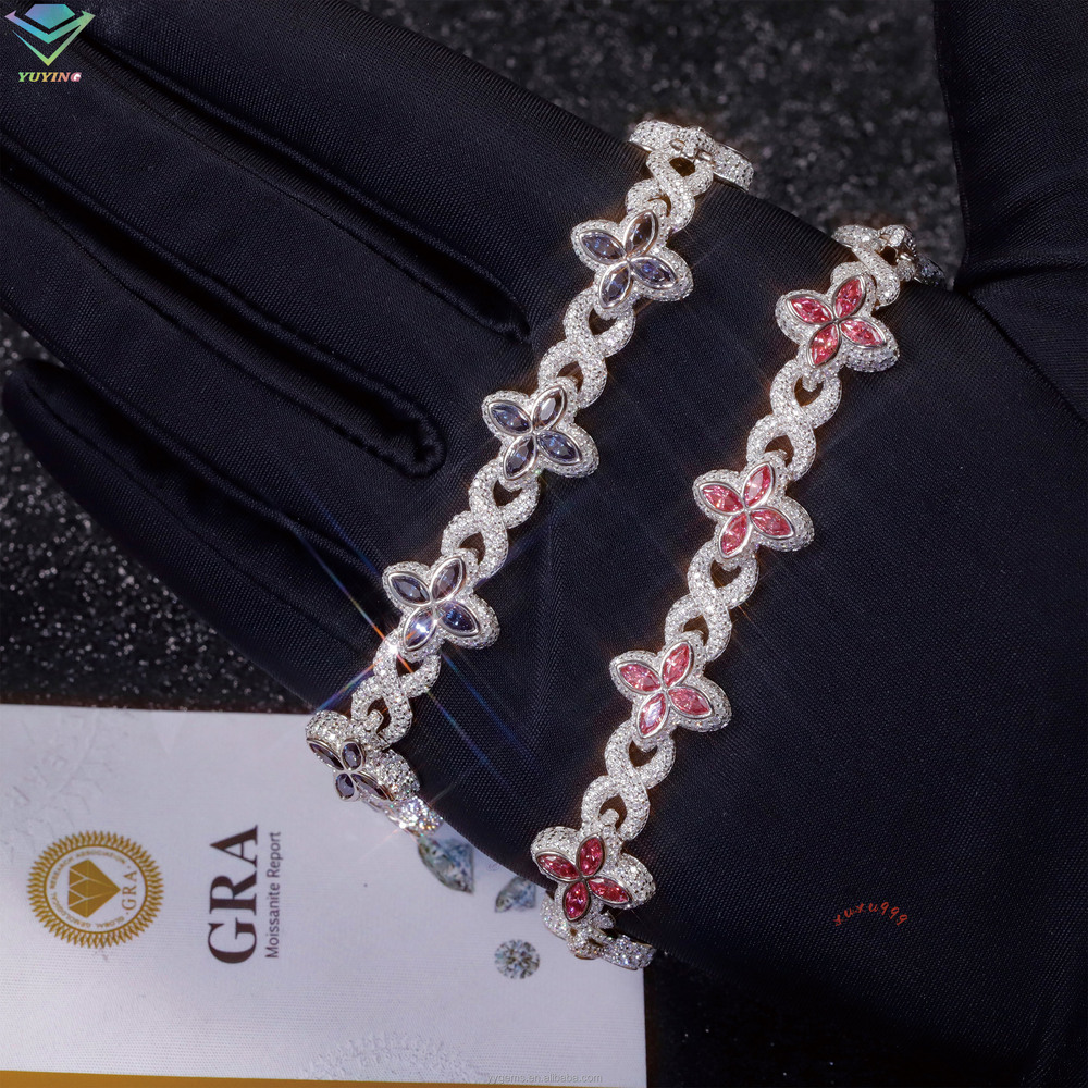 Cuban Jewelry S925 Sterling Silver Gold Clover Pink Green Blue Diamond Cuban Hip Hop Moissanite Bracelet with GRA Certificate