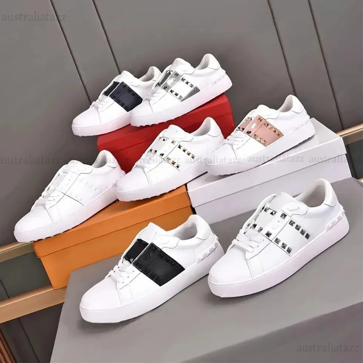 Designer rivet shoes Casual Men women Shoes Low Flat Open Sneakers Platform Leather Retro black white pink beige Luxury Calfskin Vintage Sports Tennis Shoes box