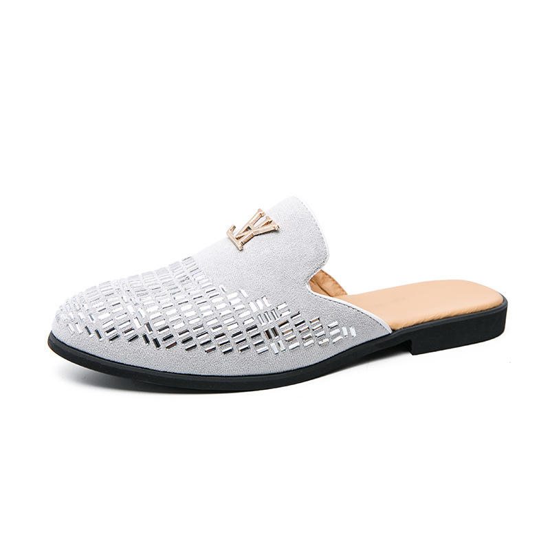 2025 Summer New Arrival Mens Shiny Diamond Casual Leather Shoes Simple Versatile Rhinestone Slip On Backless Large Sizes 38-48 Black White Free Shippi