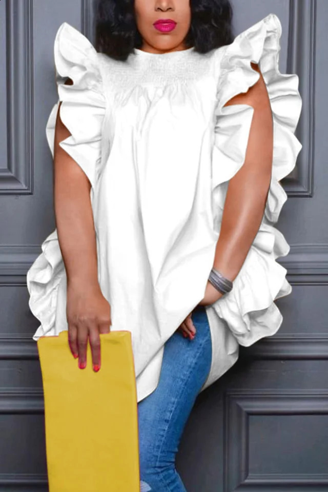 Plus Size 2024 Fashion Fly Sleeveless Women Blouses Vintage Ruffled Party Shirts Casual Summer Round Neck Elegant Blusas 250521