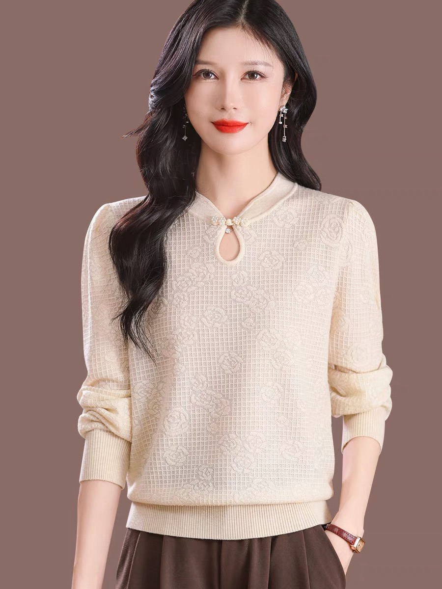 Cheongsam Collar Tikkun Long Sleeve Knit Bottom Shirt Loose Skinny Sweater