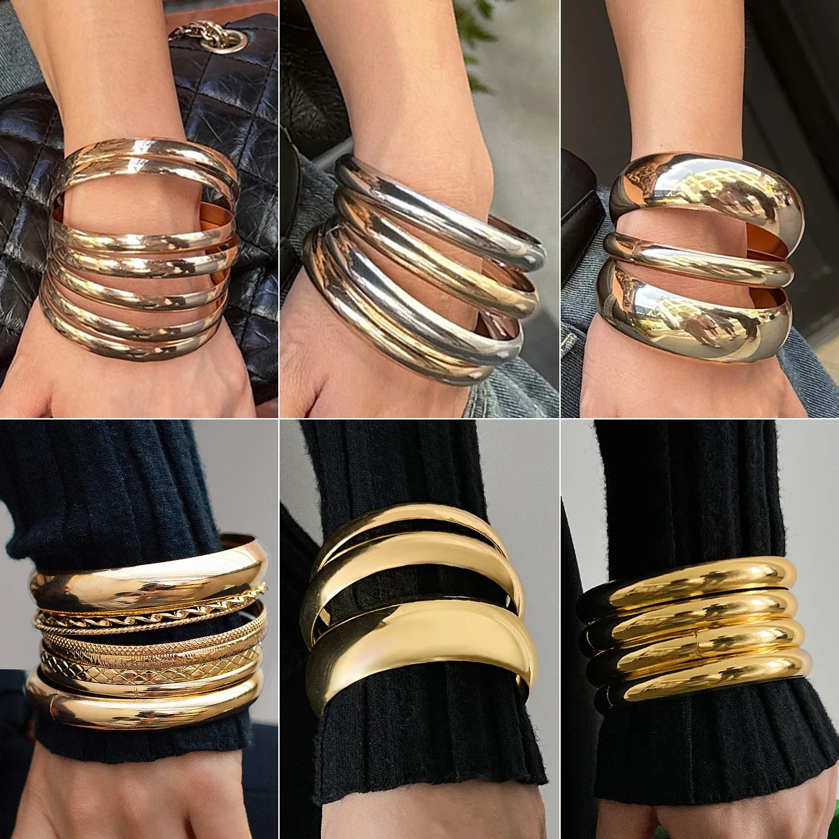 Exaggerated Punk Irregular Wide Cuff Bangle Set for Women Vintage Gold Color Chunky Metal Bracelets Men Hand Jewelry Gift 250522