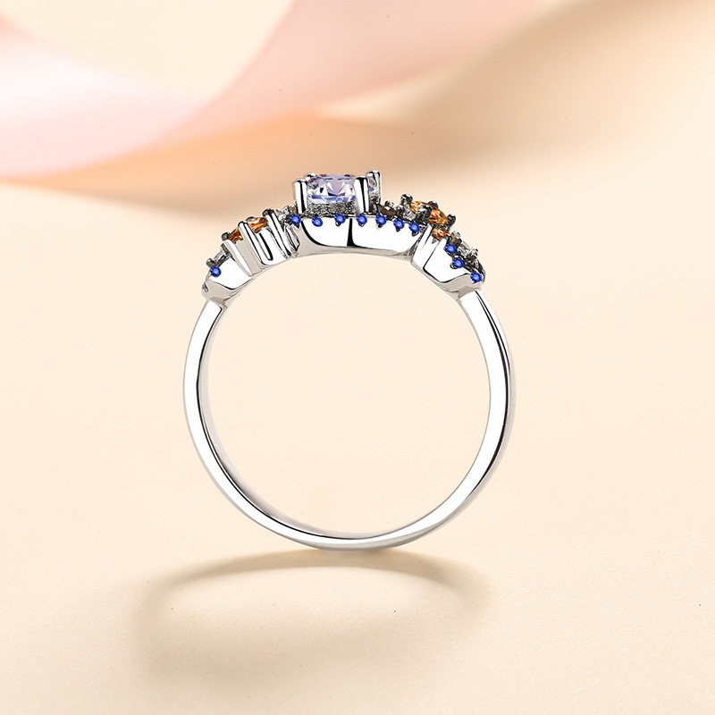 925 Sterling Silver Moissanite Ring with Colorful Blue and Orange Gemstones - Elegant Design, 0.5ct Main Stone