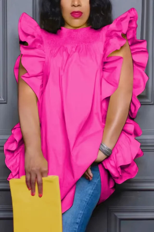 Plus Size 2024 Fashion Fly Sleeveless Women Blouses Vintage Ruffled Party Shirts Casual Summer Round Neck Elegant Blusas 250521