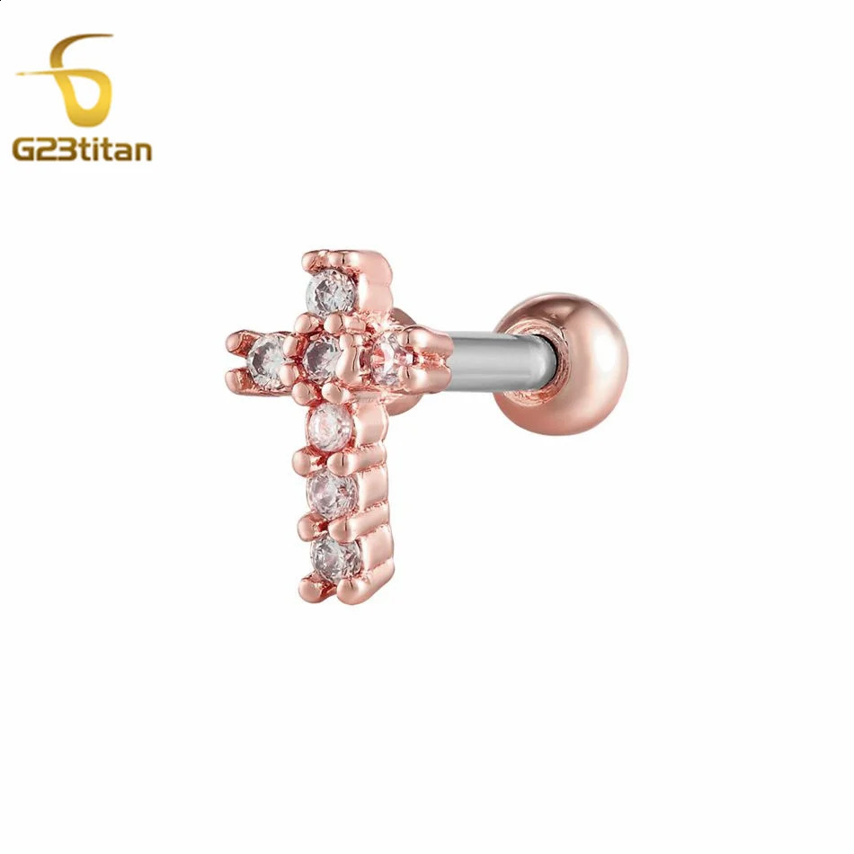 G23titan 1pc Shiny Zircon Gold Silver Color Studs Ear For Women Geometric Cross Earrings Cartilage Tragus Piercing Ear Jewelry 250521