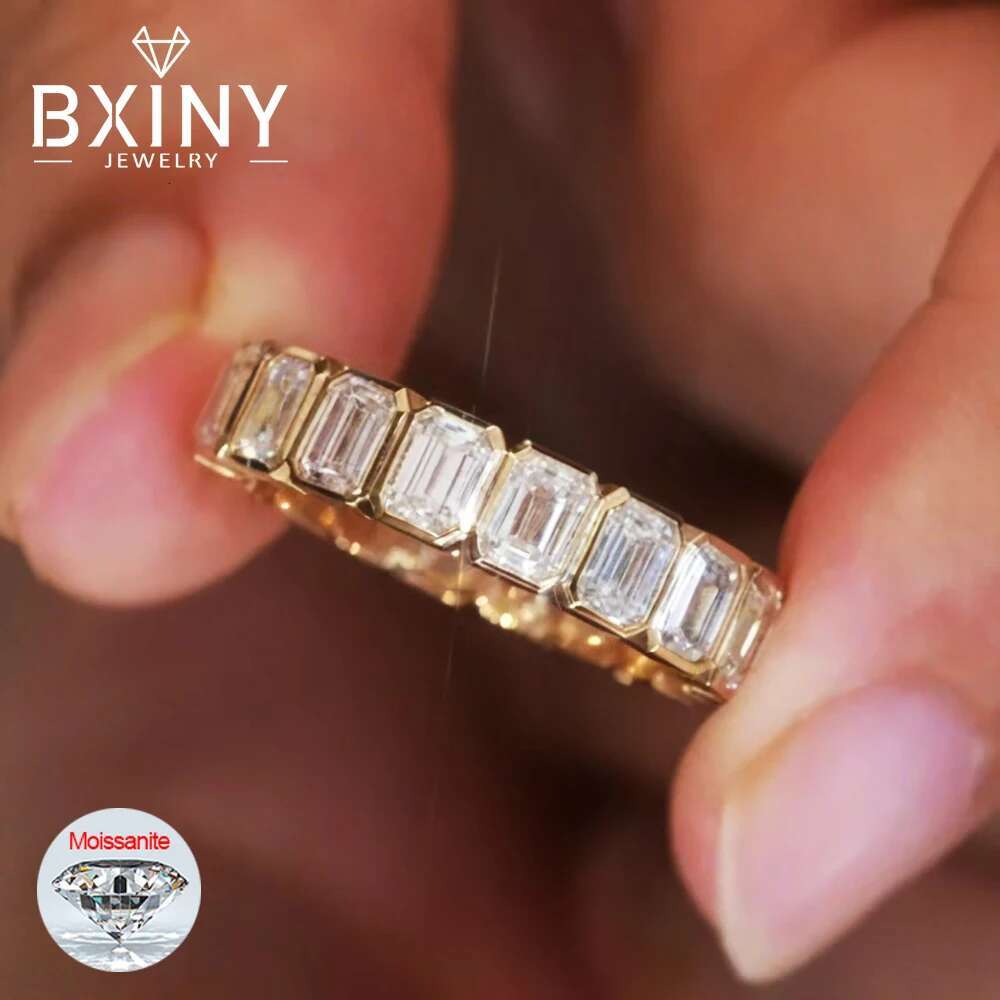 BXINY 3*4mm Emerald Cut Moissanite Rings S925 Silver D Color Lab Diamond for Women Men Full Eternity Band Gifts Fine Jewelry GRA