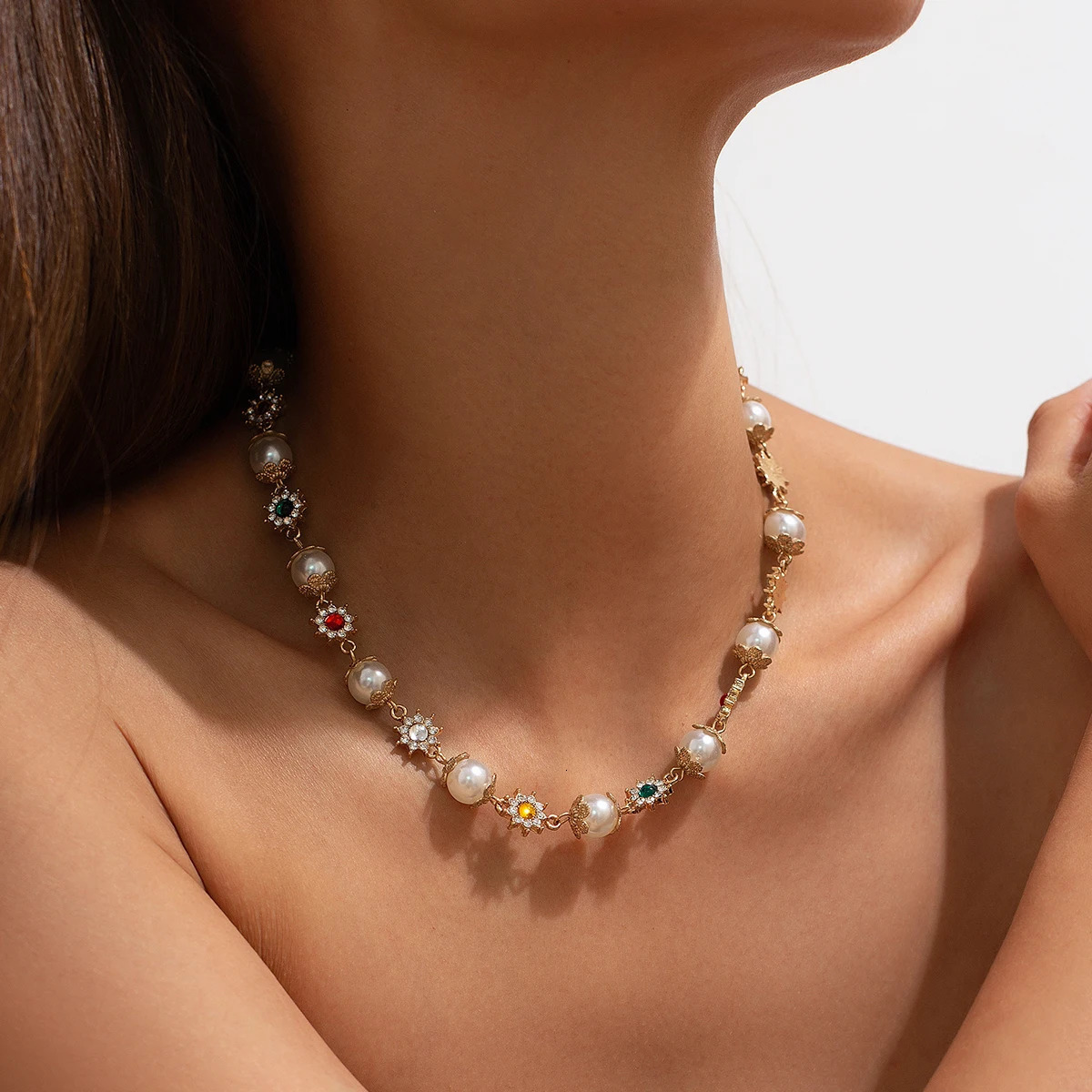 IngeSight.Z Trendy Pearl Rhinestone Flower Beads Choker Necklace Women Elegant Bridal Wedding Party Jewelry 250519