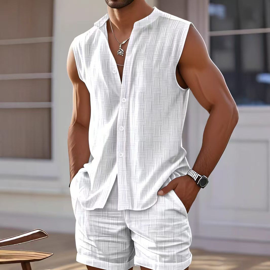 Men's Fashion Beach Outfit Set: Sleeveless Shirt & Relaxed Shorts - Trendy Summer Look