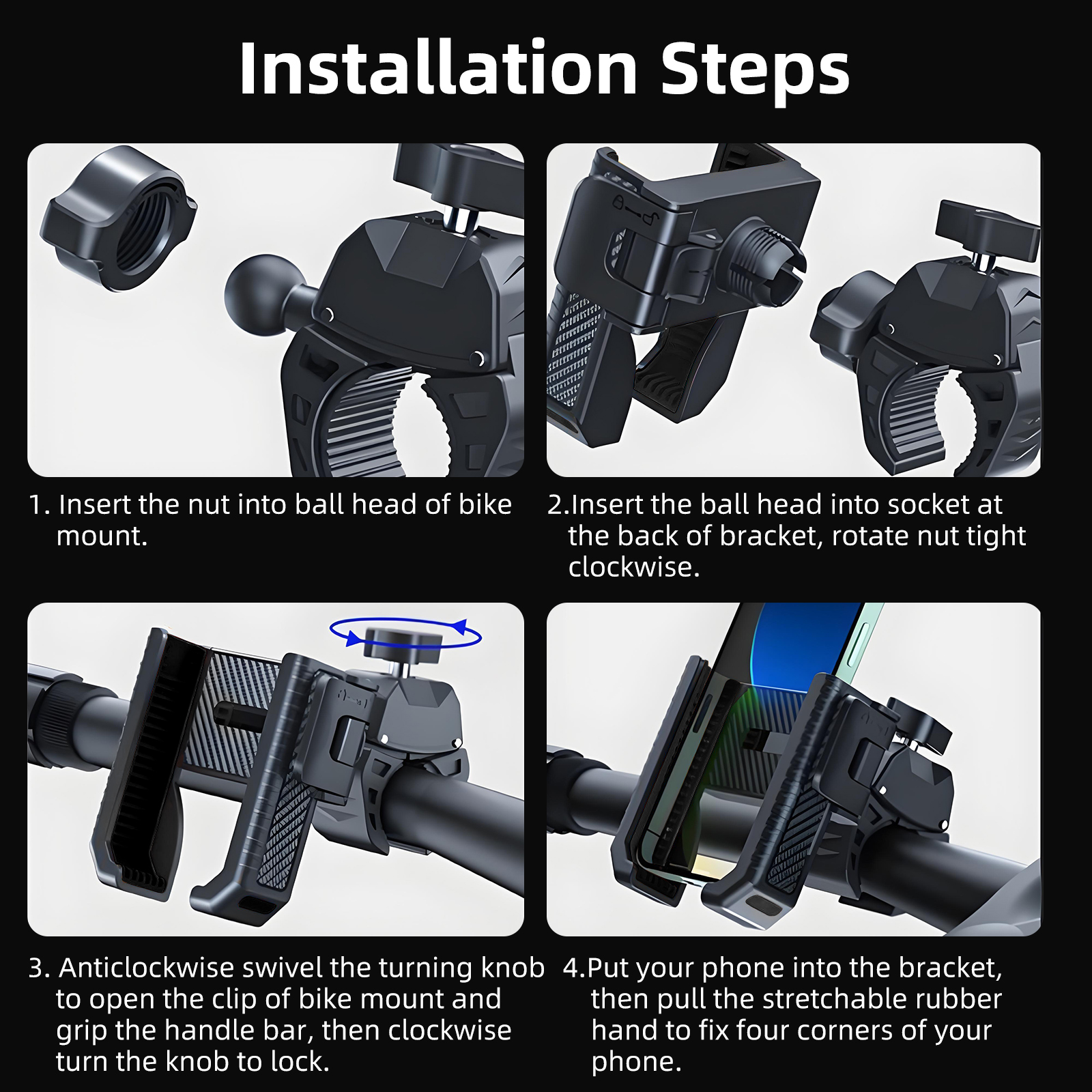 Bike Phone Mount Holder, Motorcycle Handlebar Clamp One-Hand Release & Quick Lock - 360 Degree Rotation Compatible with iPhone & Android Smartphones f