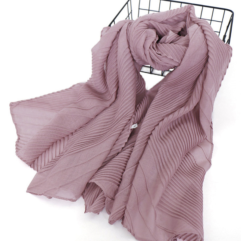 K788 Summer new solid color cotton and linen large and small pleated scarf high quality solid color wrinkled