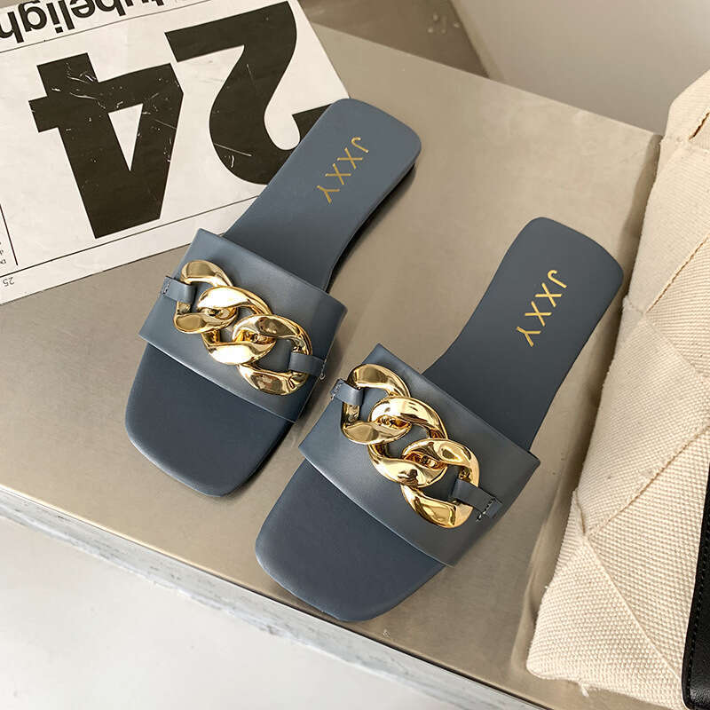 Korean Style Metal Buckle Flat Slippers For Spring 2025 Designer Sandals New Outdoor Beach Shoes, Casual Plus Size Women's Slippers
