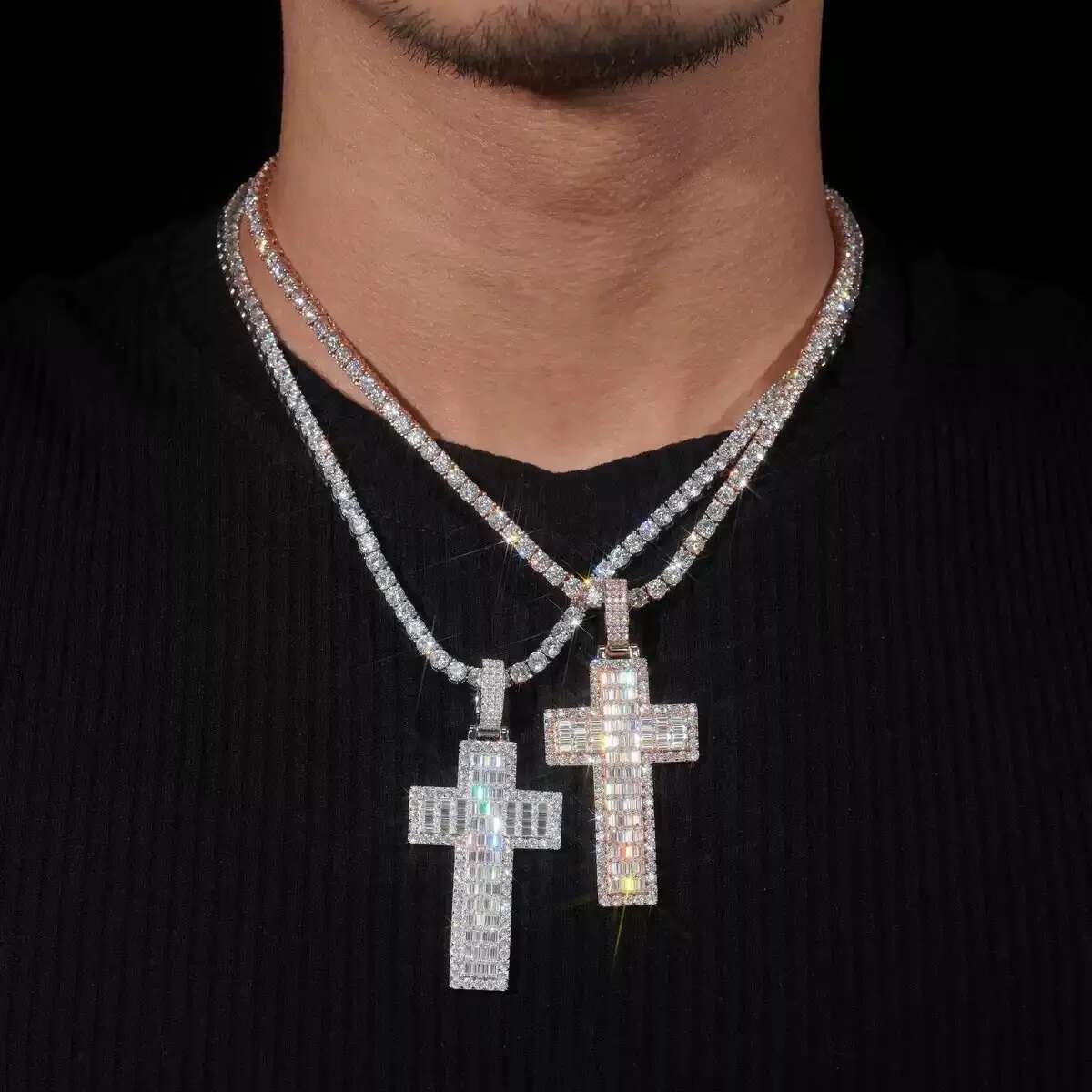 Hiphop Iced Out D Color Baguette Cut Moissanite Cross Pendant 925 Sterling Silver Religious Cuban Pendant Pass Diamond Tester