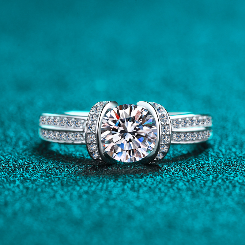 925 Sterling Silver Ring with Moissanite Center and Full Diamond Accent, Elegant Engagement Ring for Women