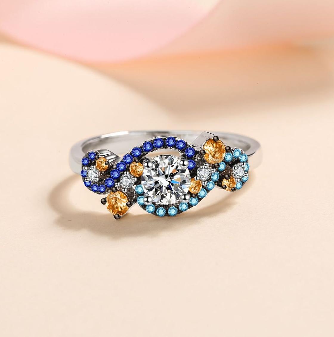 925 Sterling Silver Moissanite Ring with Colorful Blue and Orange Gemstones - Elegant Design, 0.5ct Main Stone