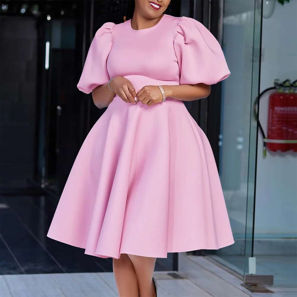 Elegant Dresses For Woman 2024 O Neck Short Sleeve High Waisted Pleated Mid Calf Female Birthday Party Dinner Vestidos