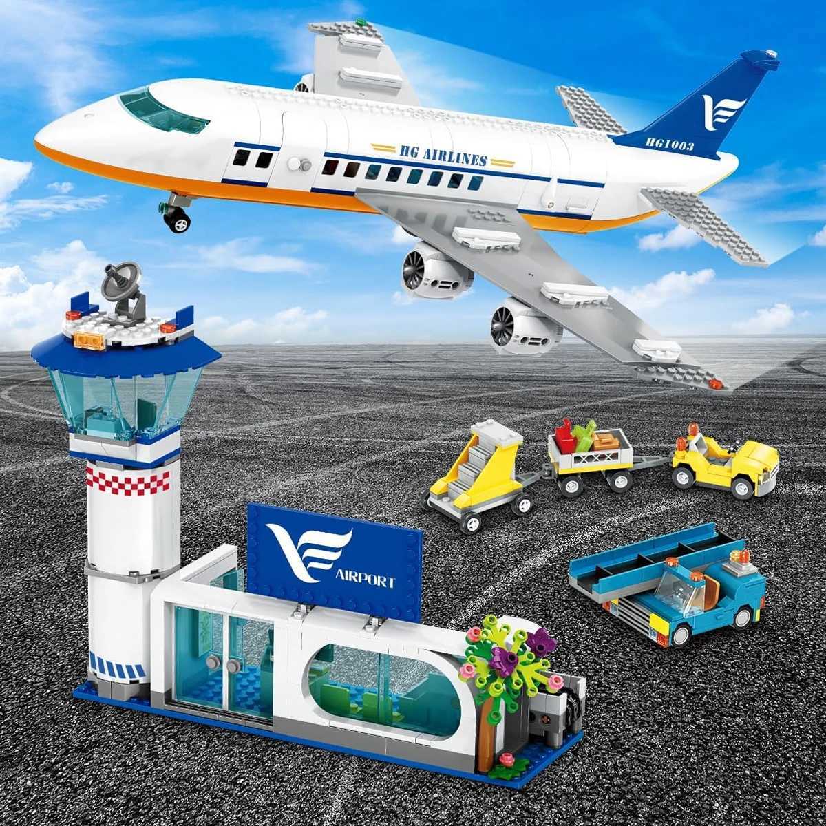 HOGOKIDS Airplane Building Set with LED Plane Building Blocks with Airport Terminal Luggage Trailer Toys Gifts for Kids Age 6+ W250522
