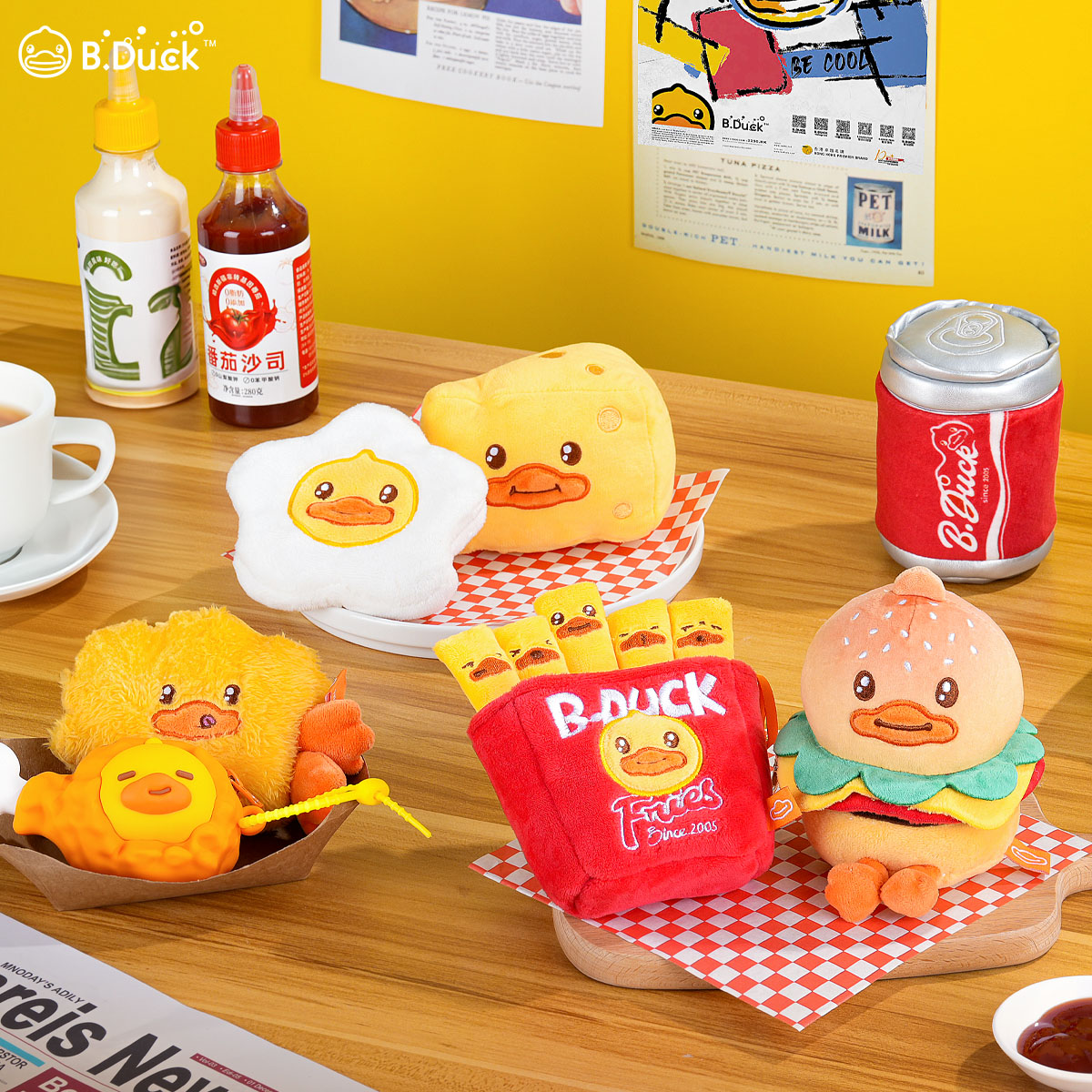 B.Duck Food Collection Plush Keychain Set, Fast Food Theme, 6-Piece Blind Box with Burger, Fries, Soda, Egg, Cheese, Shrimp Characters (Single Box)