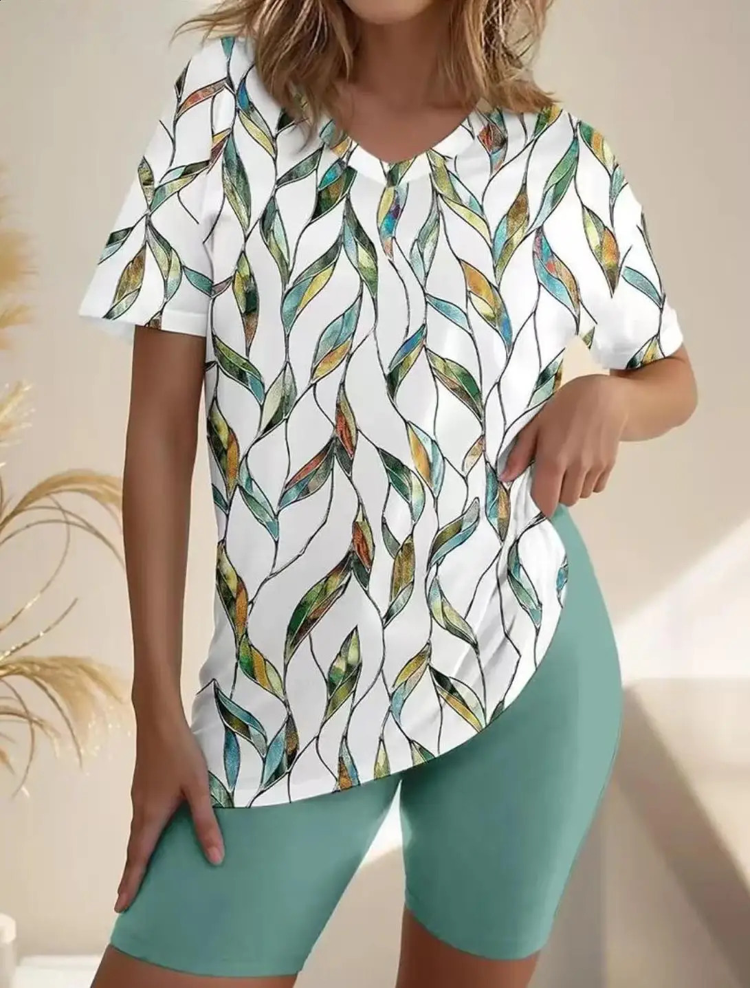 Plus size womens fashion casual holiday short sleeve set top with leaf print and solid color bottom 250516Z