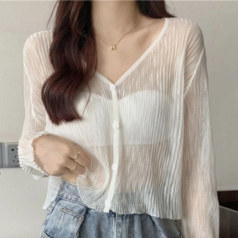 Rimocy Summer V Neck Cardigan Women Casual Transparent Sweater Shirts Woman Simple Thin Solid Color Outwear Female Crop Top 250516