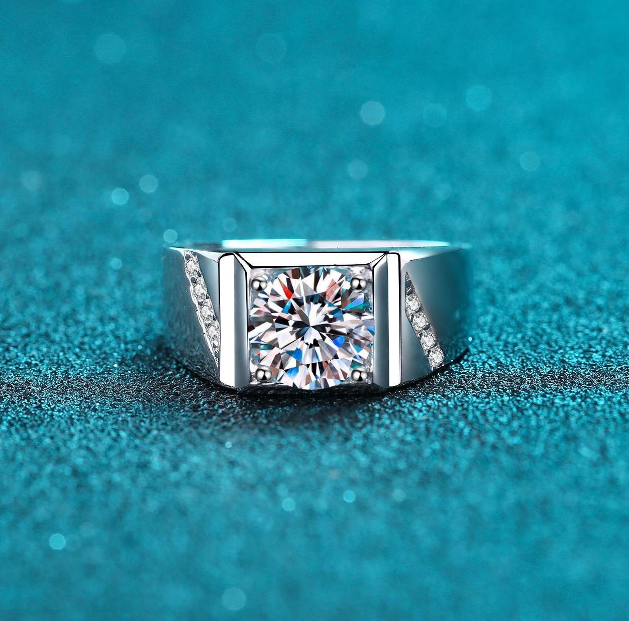 925 Sterling Silver Men's Ring with 1ct Moissanite Diamond, Elegant Design for Engagement or Special Occasions