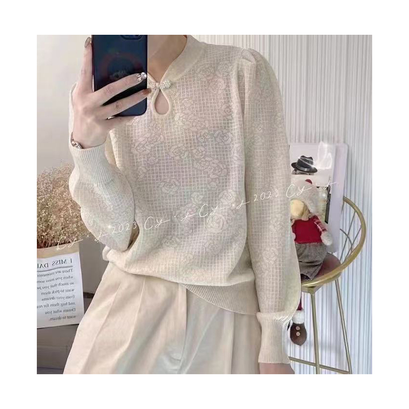 Cheongsam Collar Tikkun Long Sleeve Knit Bottom Shirt Loose Skinny Sweater