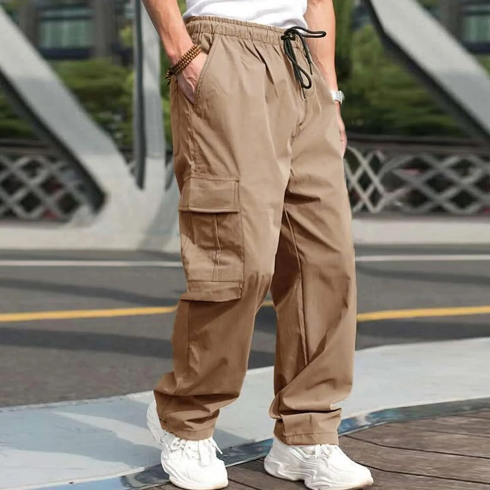 Casual Streetwear Pants Solid Color Cargo Pants Drawstring Multi Pocket Loose Baggy Pants for Mens Workwear Trousers 250516