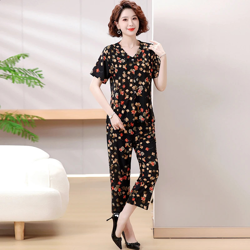 Summer Leisure Ice Silk Set Indoor Comfortable Tshirtpants Natural Aesthetics Plus Size 2025 Loose Pajamas 250516Z