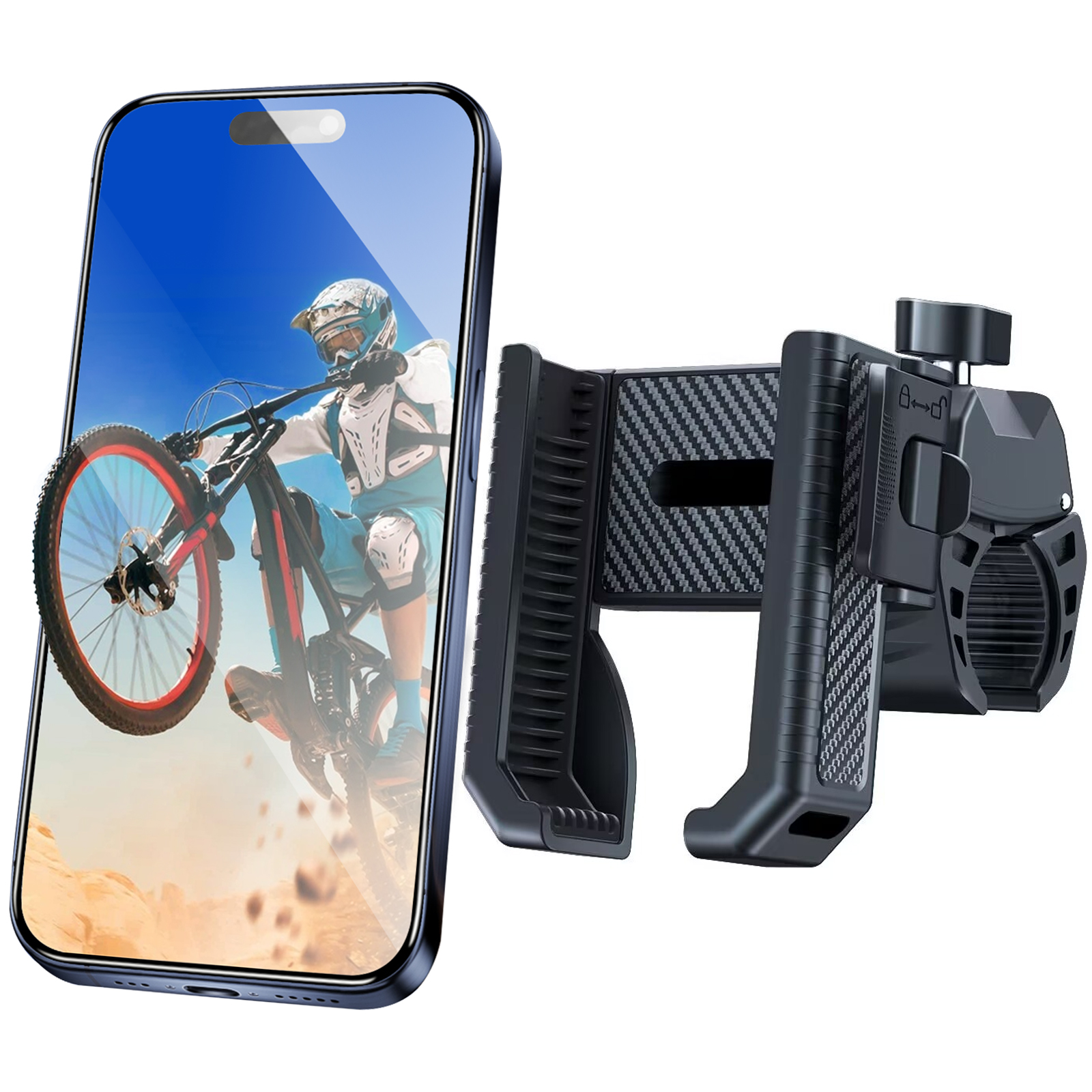 Bike Phone Mount Holder, Motorcycle Handlebar Clamp One-Hand Release & Quick Lock - 360 Degree Rotation Compatible with iPhone & Android Smartphones f