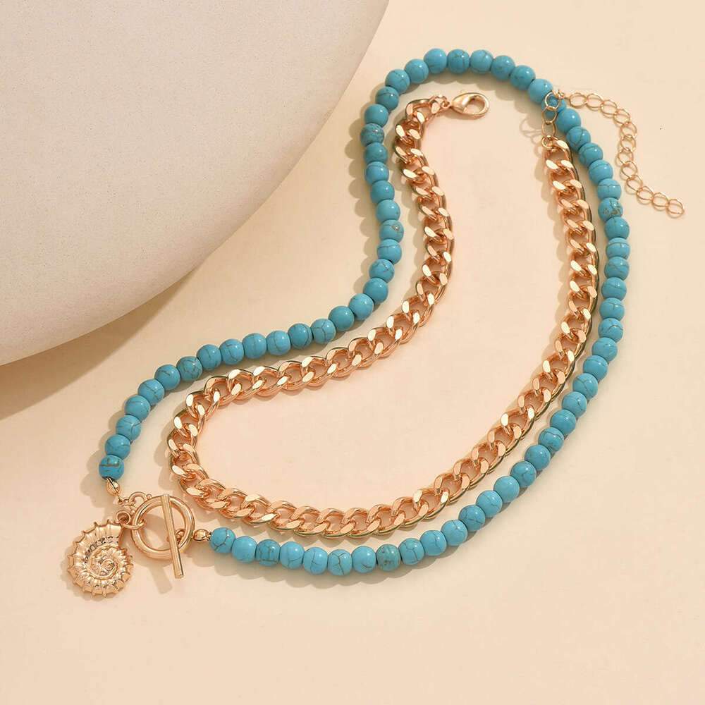 Fashion Jewelry - Beaded Green Turquoise Seashell Pendant Necklace, Ocean-Style Collar Necklace for Women