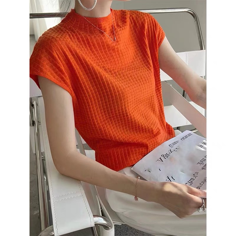 Short Sleeve Half High Neck Knit Bottom Shirt Thin Inner Tops