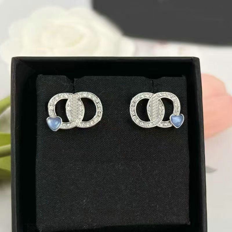 Brand Blue Heart Earring Designer Women Crystal Ear Studs High Quality Earrings Wedding Jewelry