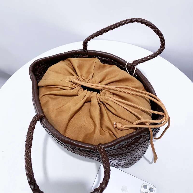 Handmade Weave PU Drawstring Tote Bags For Women Designer Handbags Purse New In Vintage With Inner Pocket Shoulder