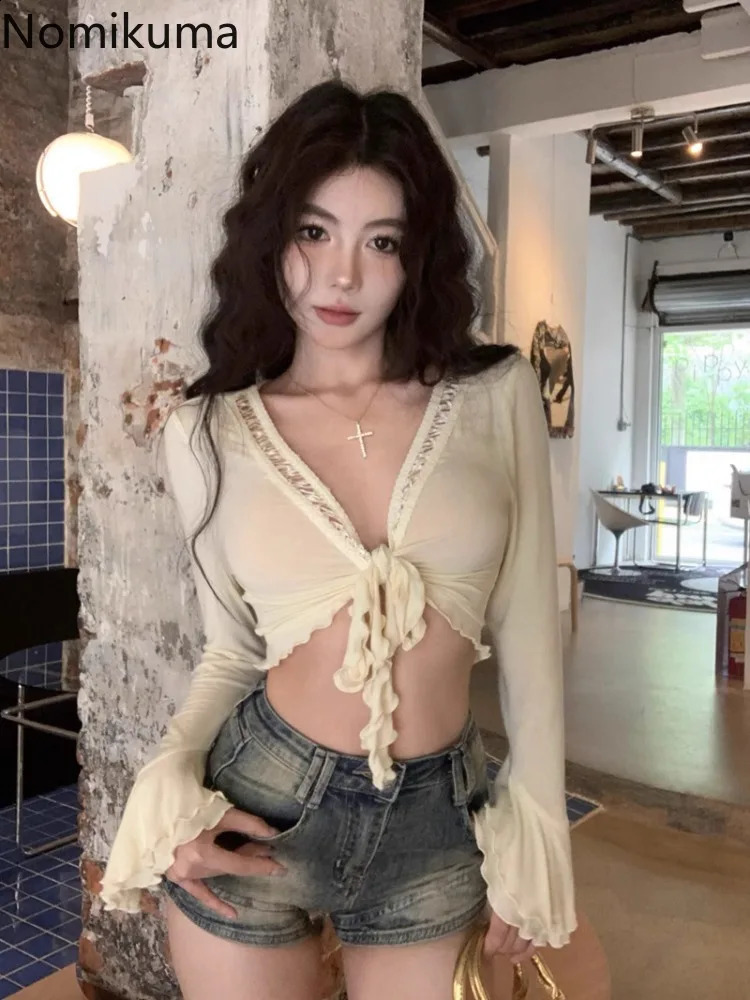 Deep V-neck Flare Sleeve Blouse Womens Clothing Bandage Tunic Sexy Crop Tops Camisas De Mujer Fashion Sweet Summer Shirts 250516