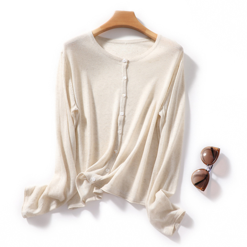 L3207 woven cardigan sun protection clothing women's round neck summer ramie thin sweater outer wear long sleeve loose clothing