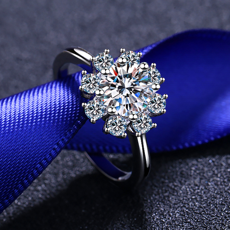 S925 Sterling Silver Moissanite Sunflower Engagement Ring for Women, 8-Claw Design with Simple Elegant Style, Ideal for Proposals or Valentine's 