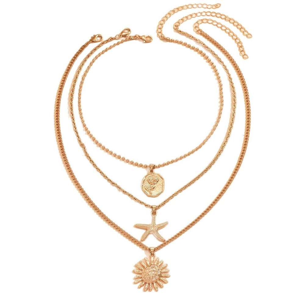 Jewelry - Rose Flower Starfish Sun Zinc Alloy Pendant Necklace, Minimalist Versatile Cuban Chain Necklace for Women