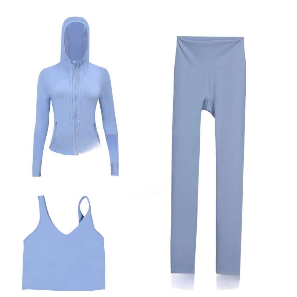 Designer Women Yoga Clothes 3 Piece with Long Sleeve Hooded Jacket Crop Top Vest and Bell Bottom Leggings Pants Comfortable Stretchy Gym Set Pilates A