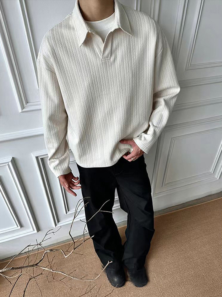 Black cleanfit wheat stripe V-neck sweatshirt for men in spring, autumn, winter, American style shirt long sleeves and lazy style, paired with Polo in